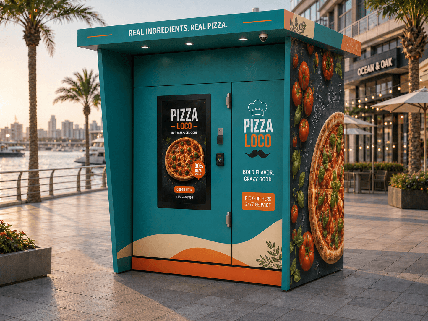 Outdoor pizza vending machine placement